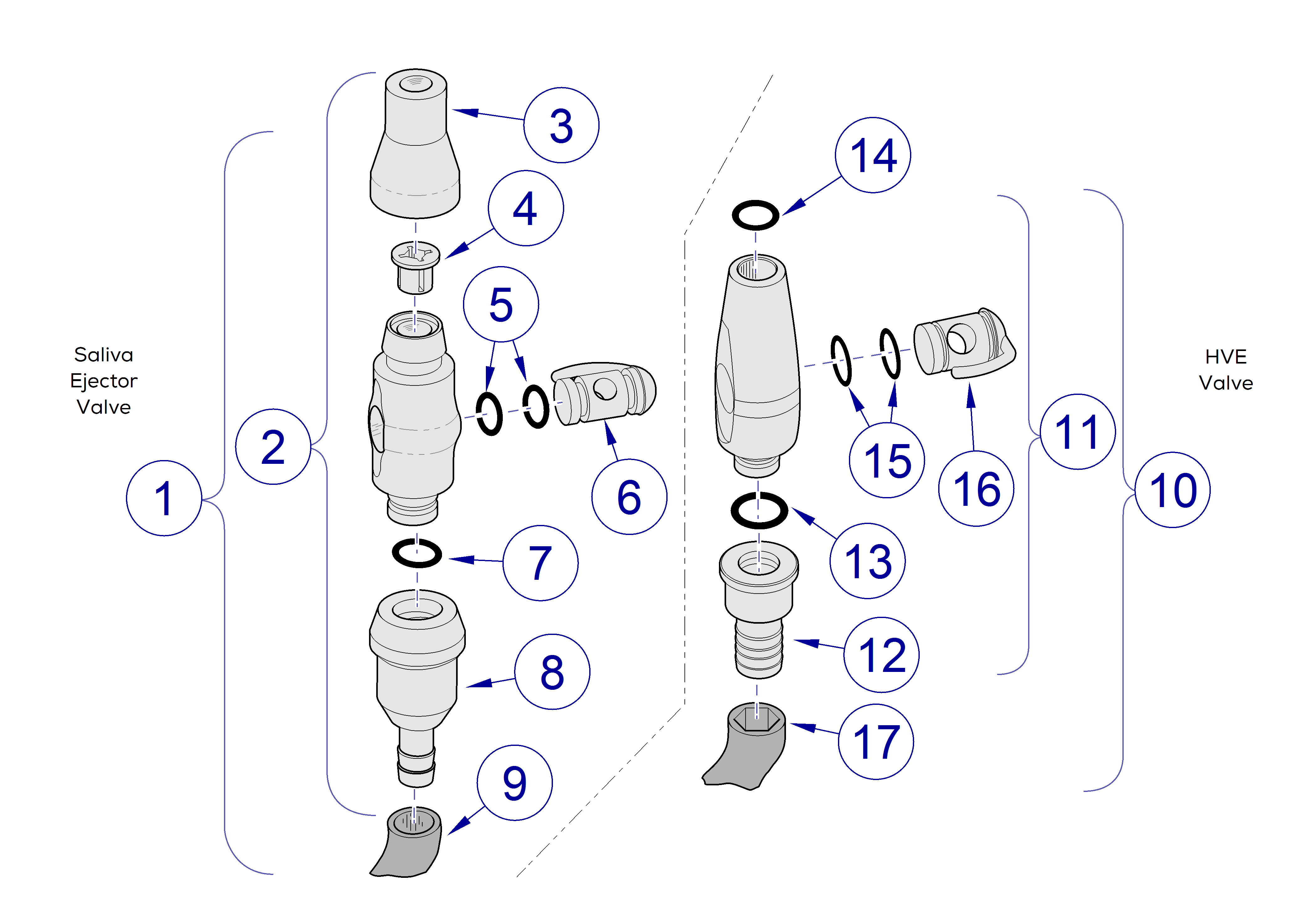 Asepsis 21® Delivery Metal Saliva Ejector/HVE Valve Components