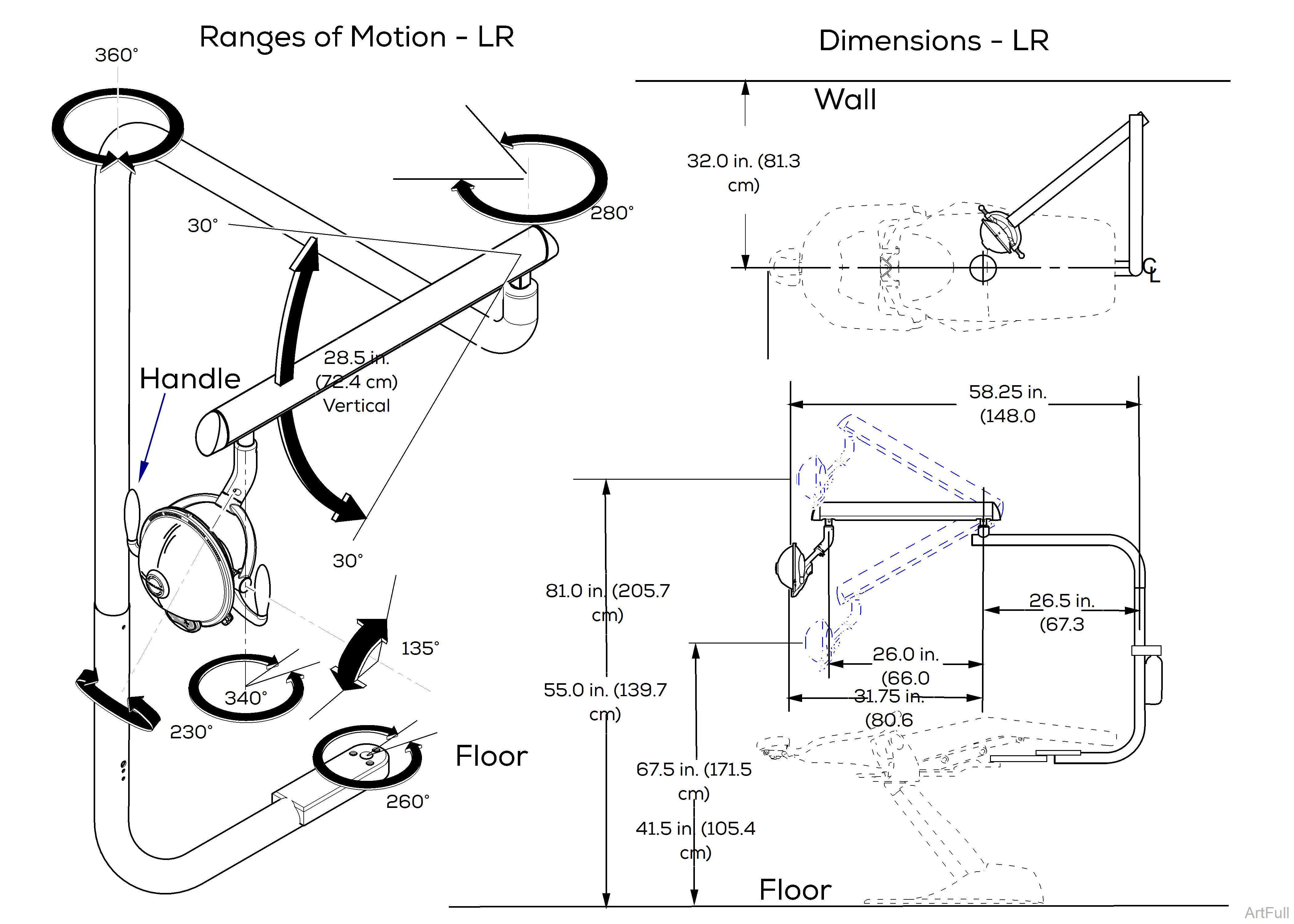 Midmark® Dental Lights Chair LR Mtd. Lights Dimensions