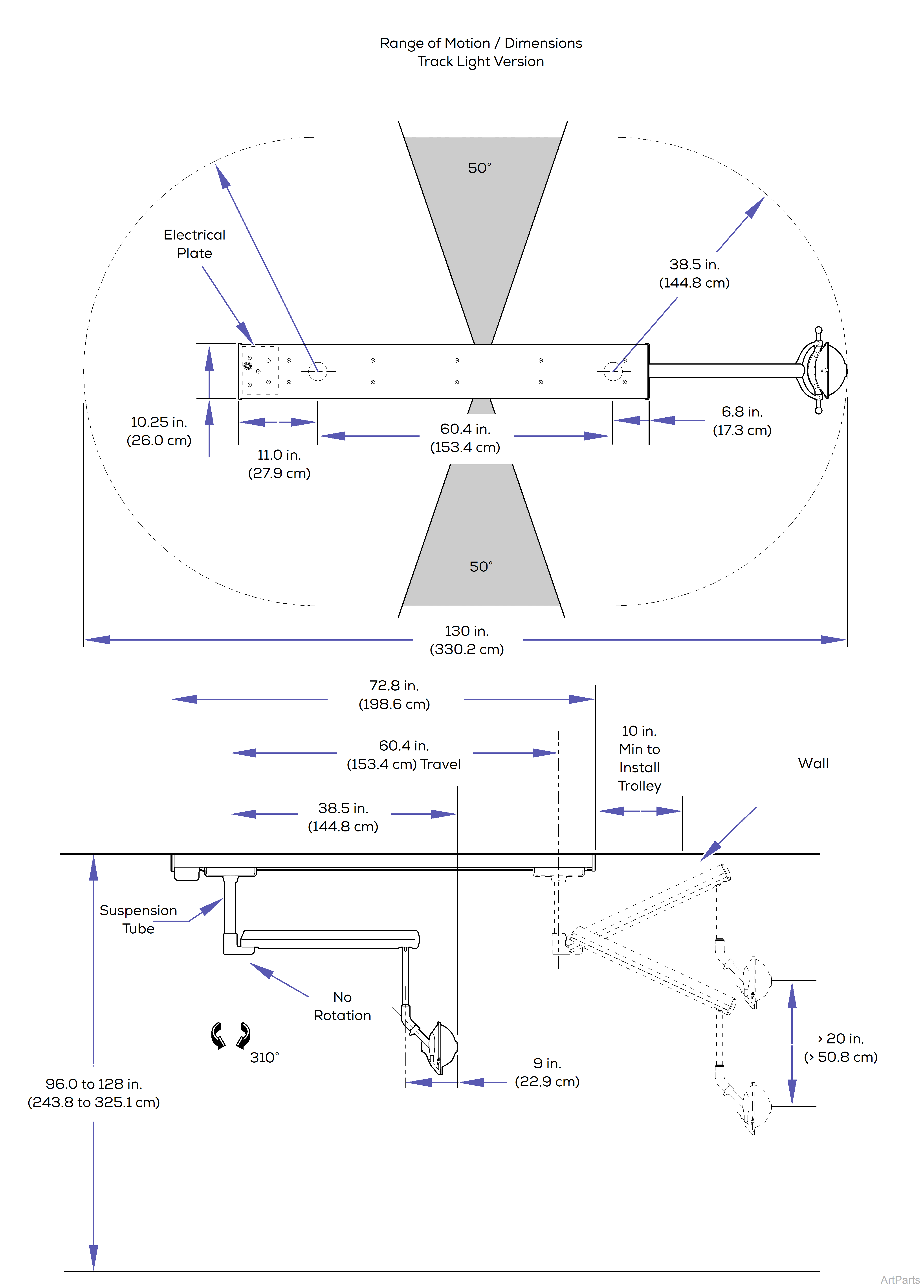 Midmark® Dental Lights Track Mtd. Light Dimensions