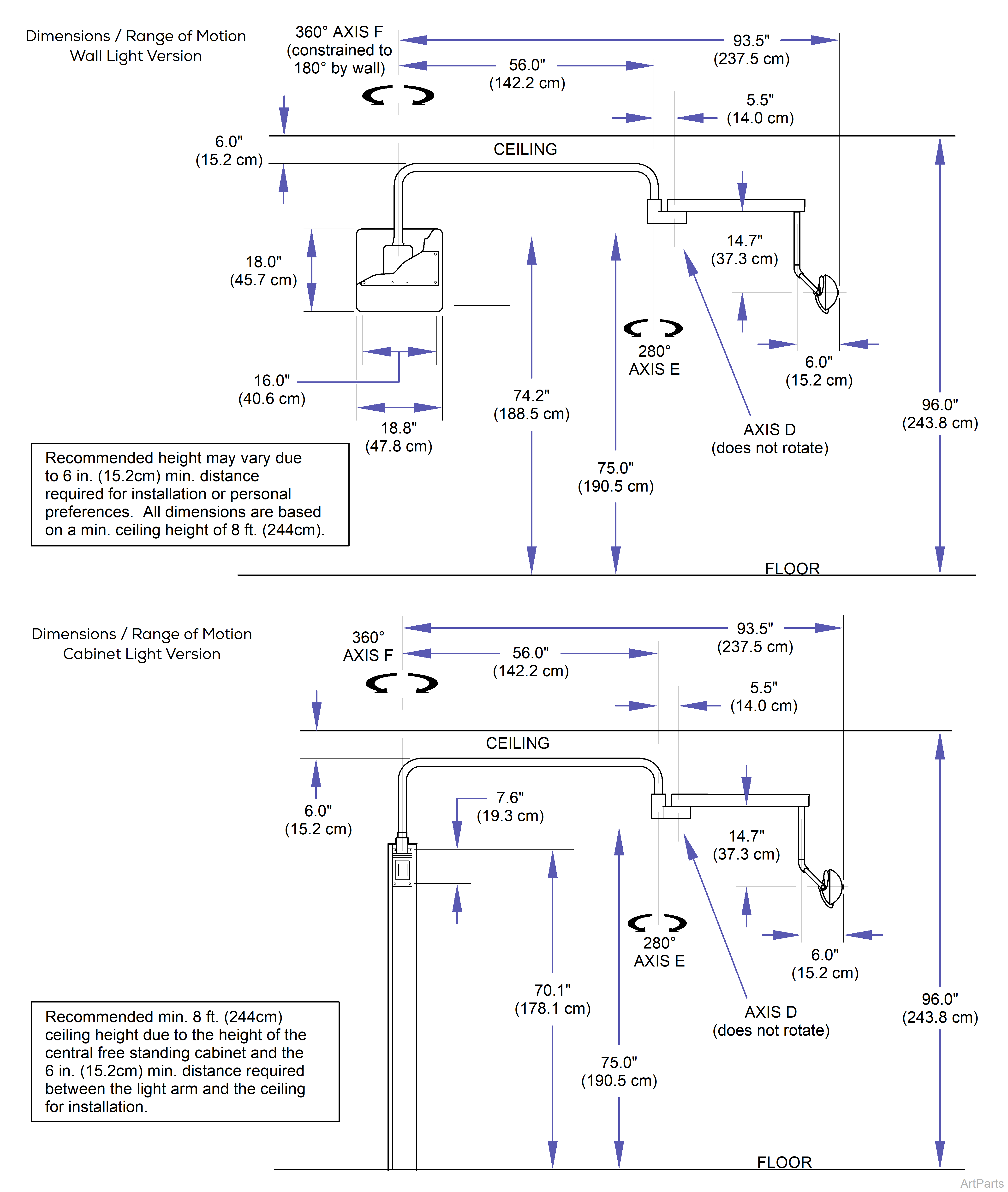 Midmark® Dental Lights Wall/Cabinet Mtd. Lights Dimensions