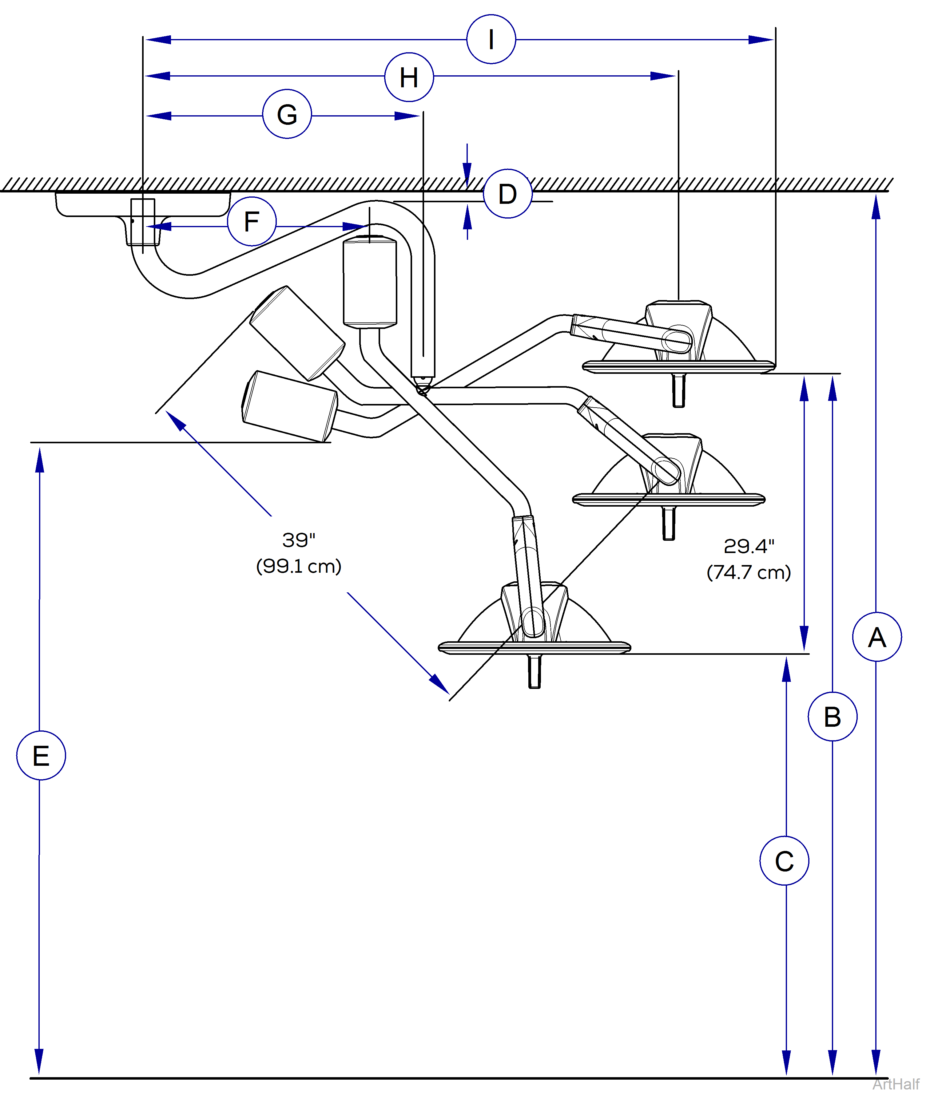 255 Light Ceiling Support Structure Installation - Single Light Dimensions