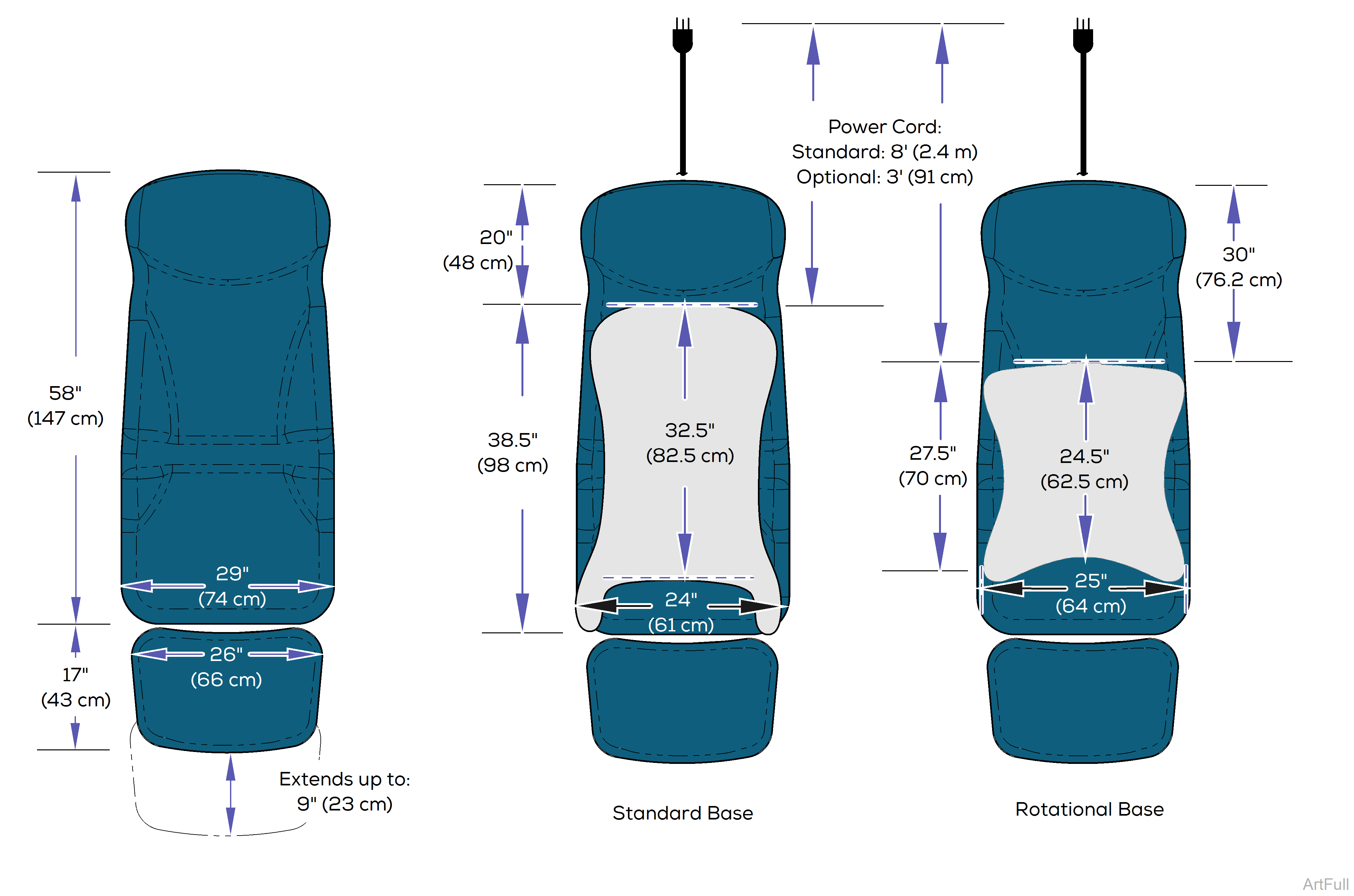 646 and 647 Chair Upholstery Top/Base Dimensions