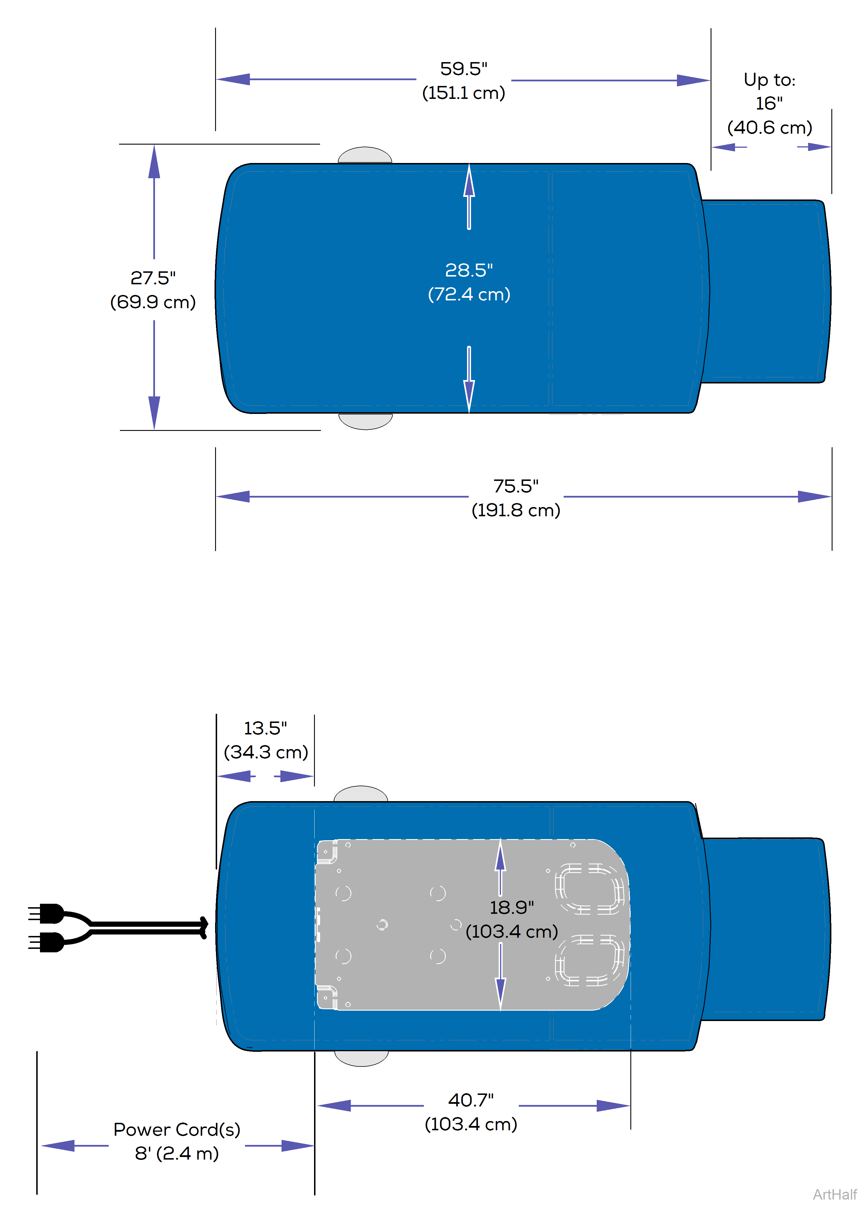 622 and 623 Exam Table Upholstery Top Dimensions