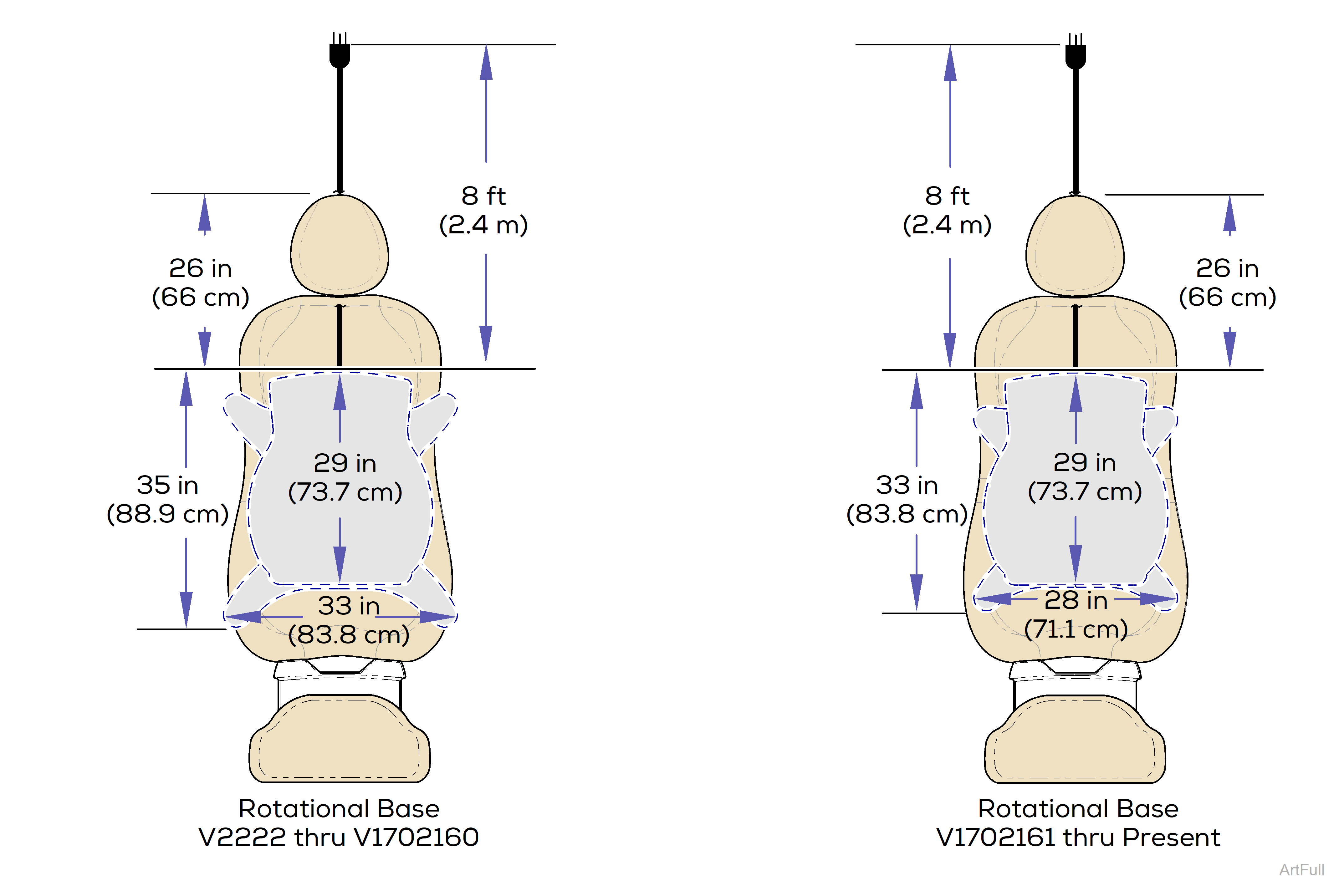 630 Chair Upholstery Top/Base Dimensions