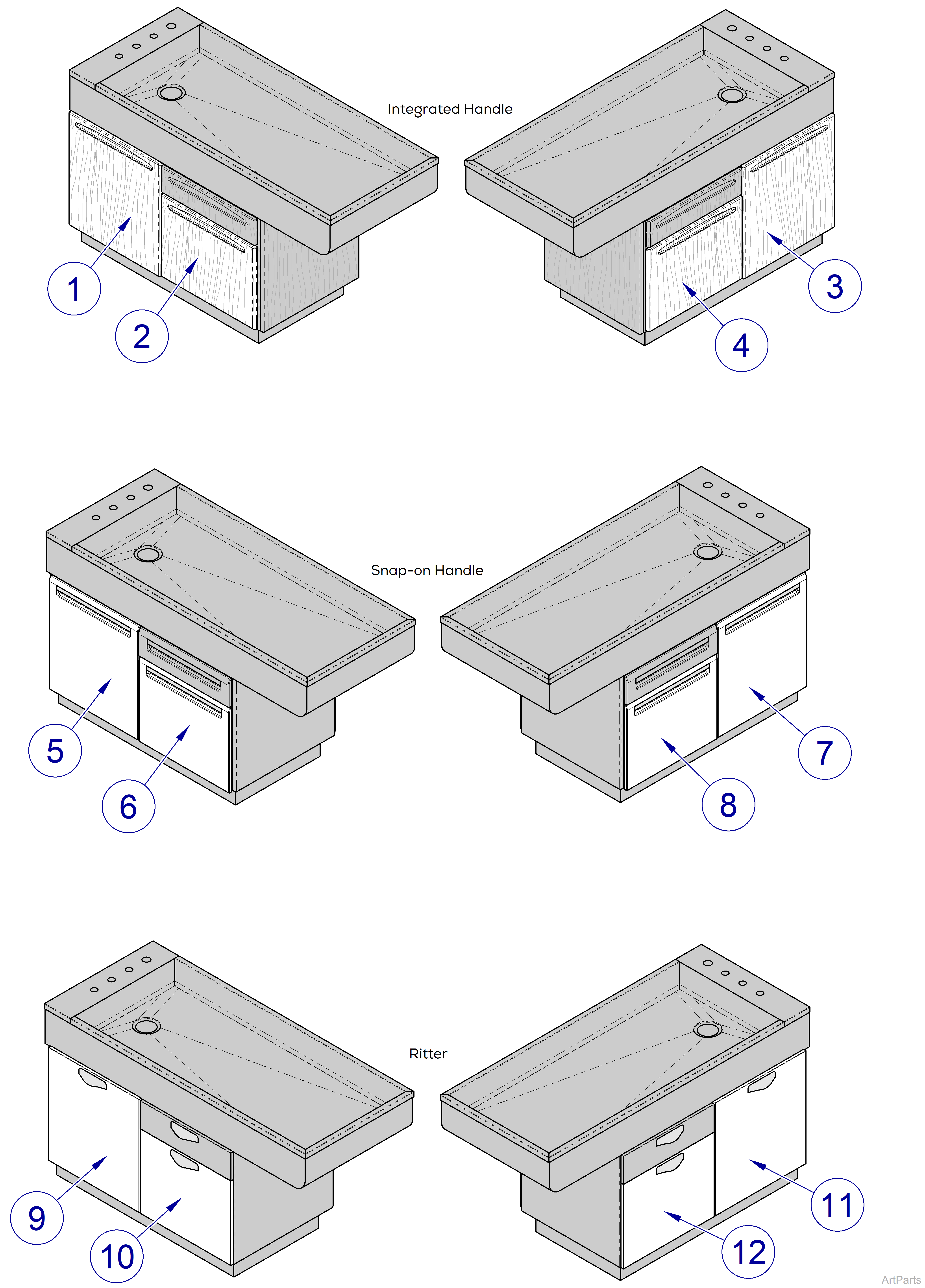 Peninsula Table 60" Wet Table Cabinet Drawer Assemblies