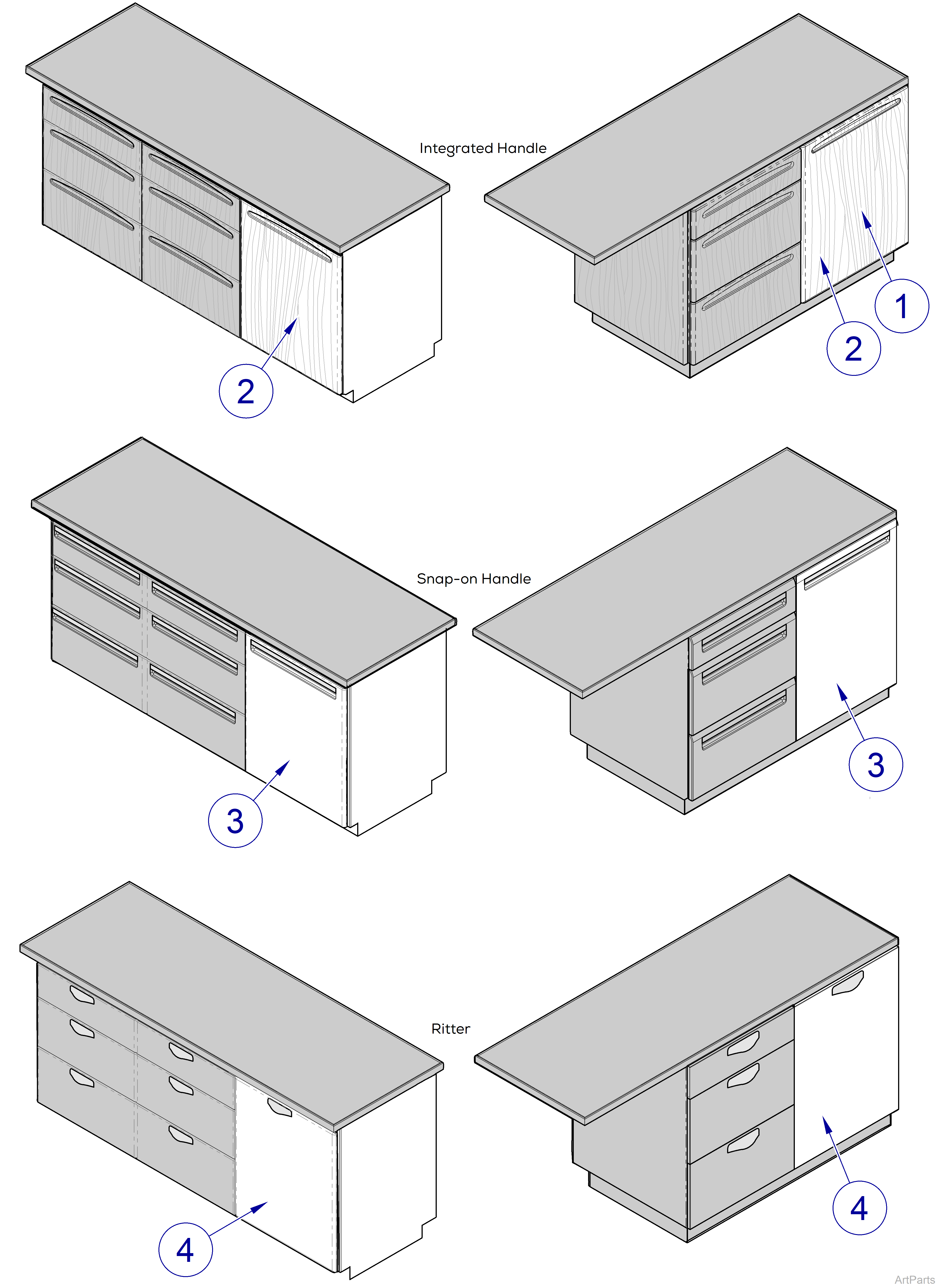 Fixed Height Tables 60" Dry Table Cabinet Drawer Assemblies